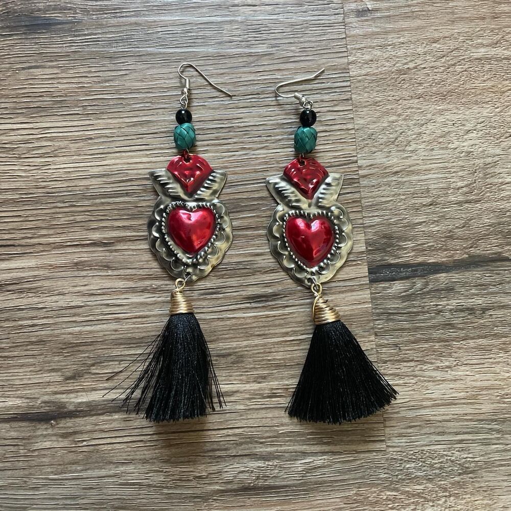 black vamp goth heart and tassel long dangly earrings handmade